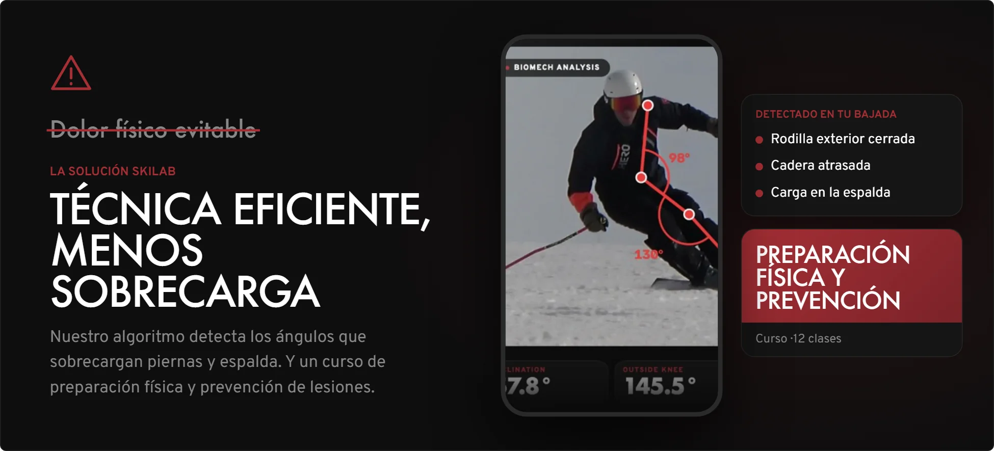 Dolor físico evitable. La solución SKI LAB: técnica eficiente y menos sobrecarga. El algoritmo detecta los ángulos que sobrecargan piernas y espalda, y hay un curso de preparación física y prevención de lesiones.